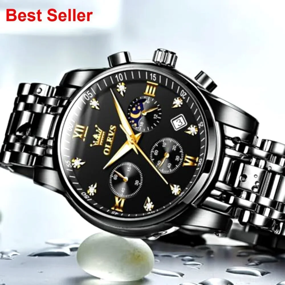 Stainless Steel Moon Phase Chronograph Watch with Date Display